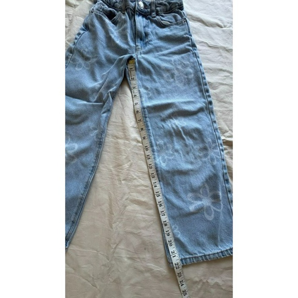 Primark Girls Floral Print Wide Leg Jeans Sz 7-8 Light Wash Demin Elastic Waist - Picture 8 of 11